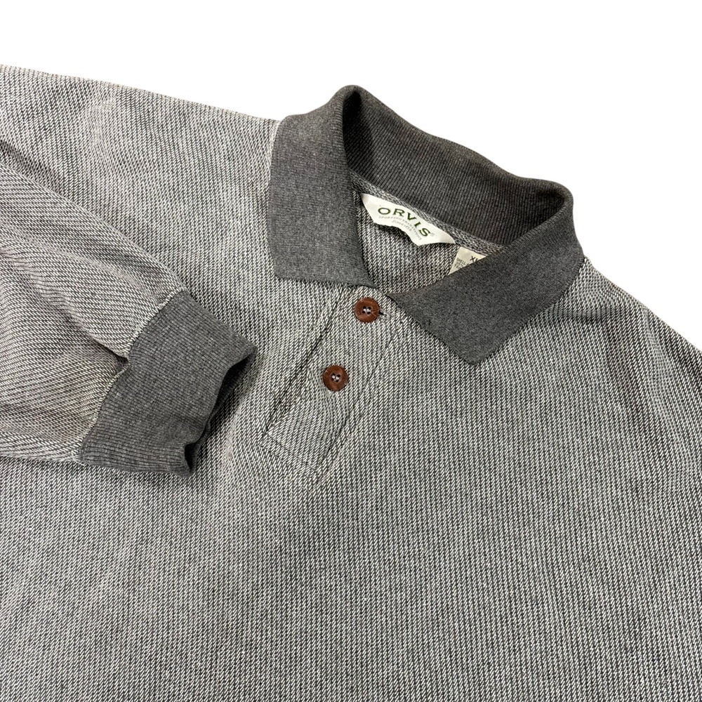 ORVIS Mens XL Gray Long Sleeve Polo Sweater Leather Elbow Patches Cotton Blend